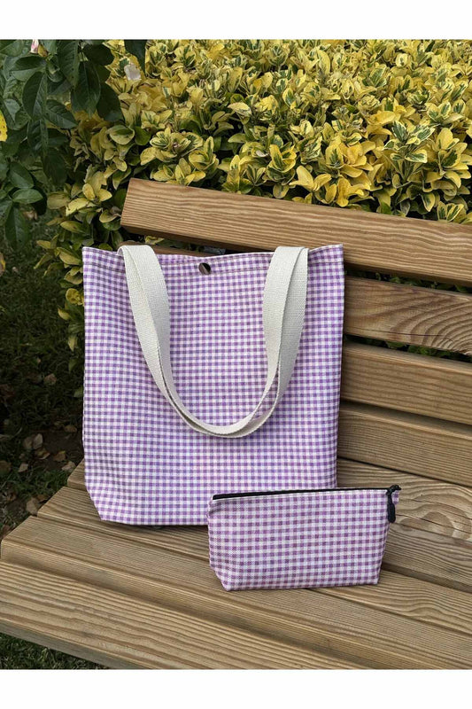 Mor Pötikare Kanvas Bez Çanta& Makyaj Çantası Yıkanabilir Metal Çıtçıtlı Cepli (2'li Set)