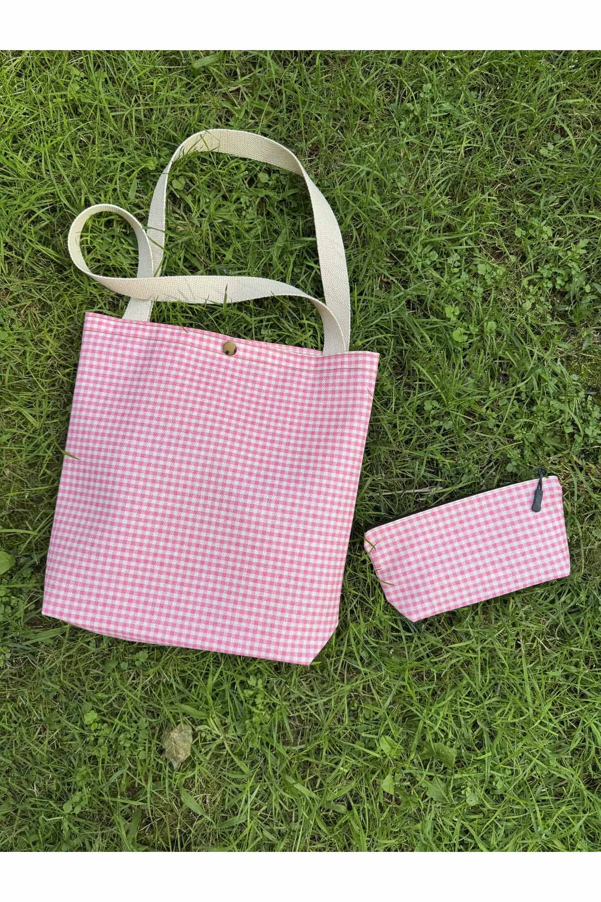 Pembe Pötikare Kanvas Bez Çanta& Makyaj Çantası Yıkanabilir Metal Çıtçıtlı Cepli (2'li Set)
