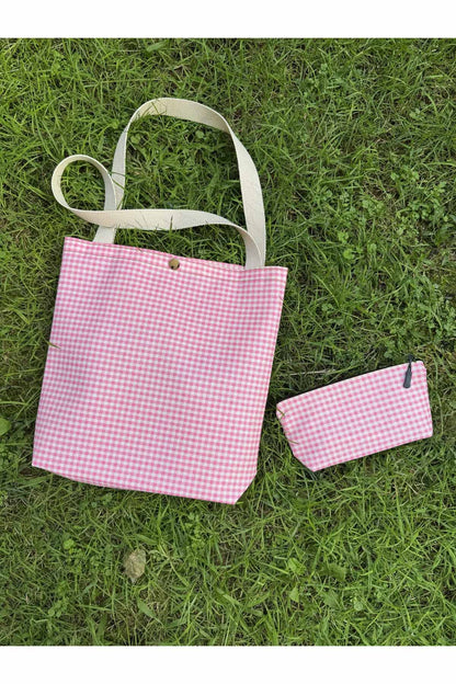 Pembe Pötikare Kanvas Bez Çanta& Makyaj Çantası Yıkanabilir Metal Çıtçıtlı Cepli (2'li Set)
