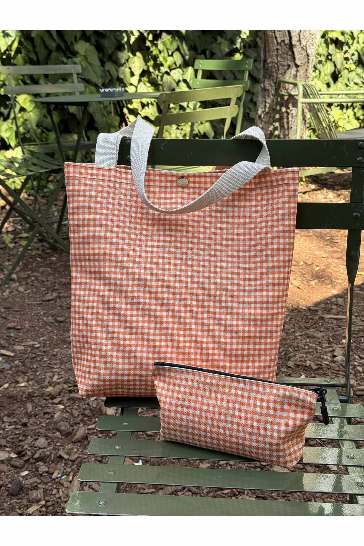 Turuncu Pötikare Kanvas Bez Çanta& Makyaj Çantası Yıkanabilir Metal Çıtçıtlı Cepli (2'li Set)