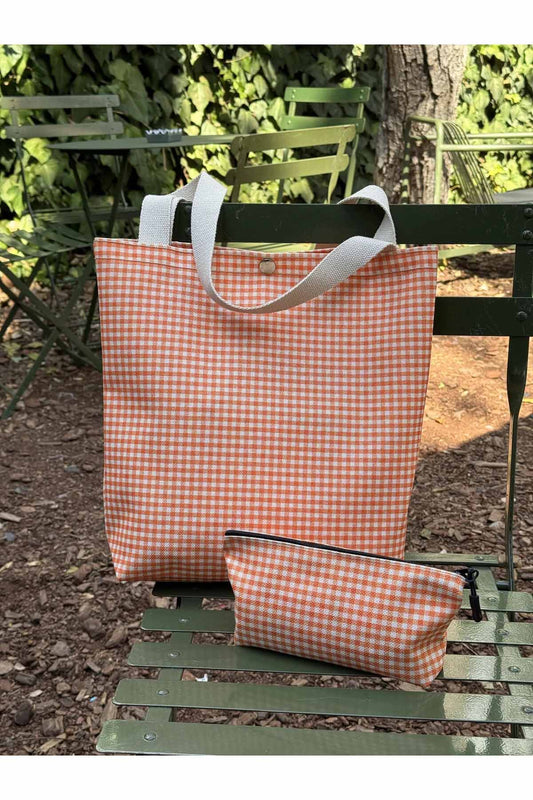 Turuncu Pötikare Kanvas Bez Çanta& Makyaj Çantası Yıkanabilir Metal Çıtçıtlı Cepli (2'li Set)