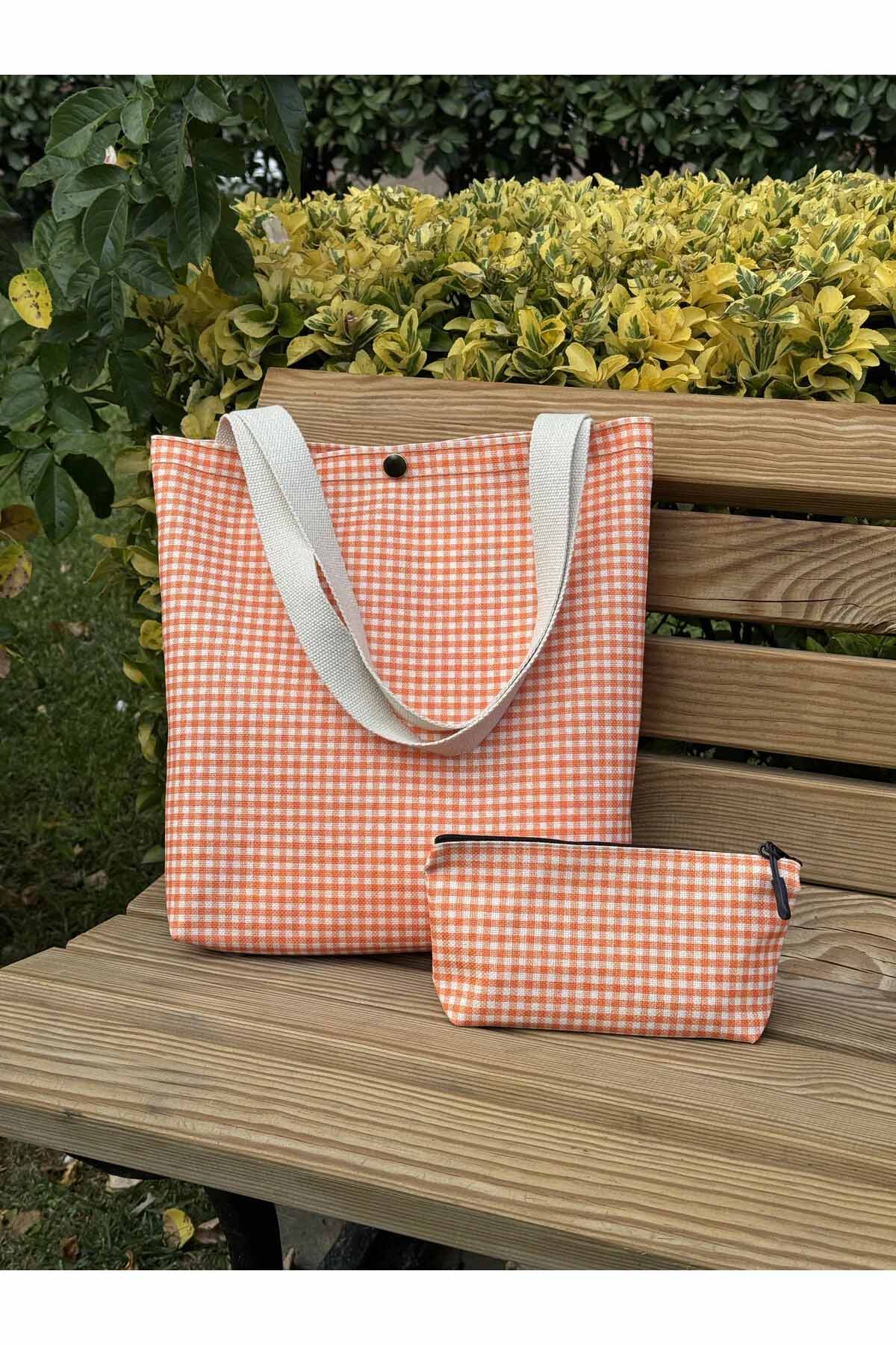 Turuncu Pötikare Kanvas Bez Çanta& Makyaj Çantası Yıkanabilir Metal Çıtçıtlı Cepli (2'li Set)