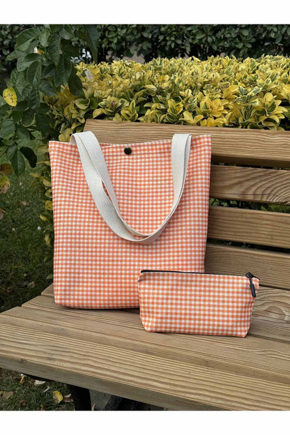 Turuncu Pötikare Kanvas Bez Çanta& Makyaj Çantası Yıkanabilir Metal Çıtçıtlı Cepli (2'li Set)