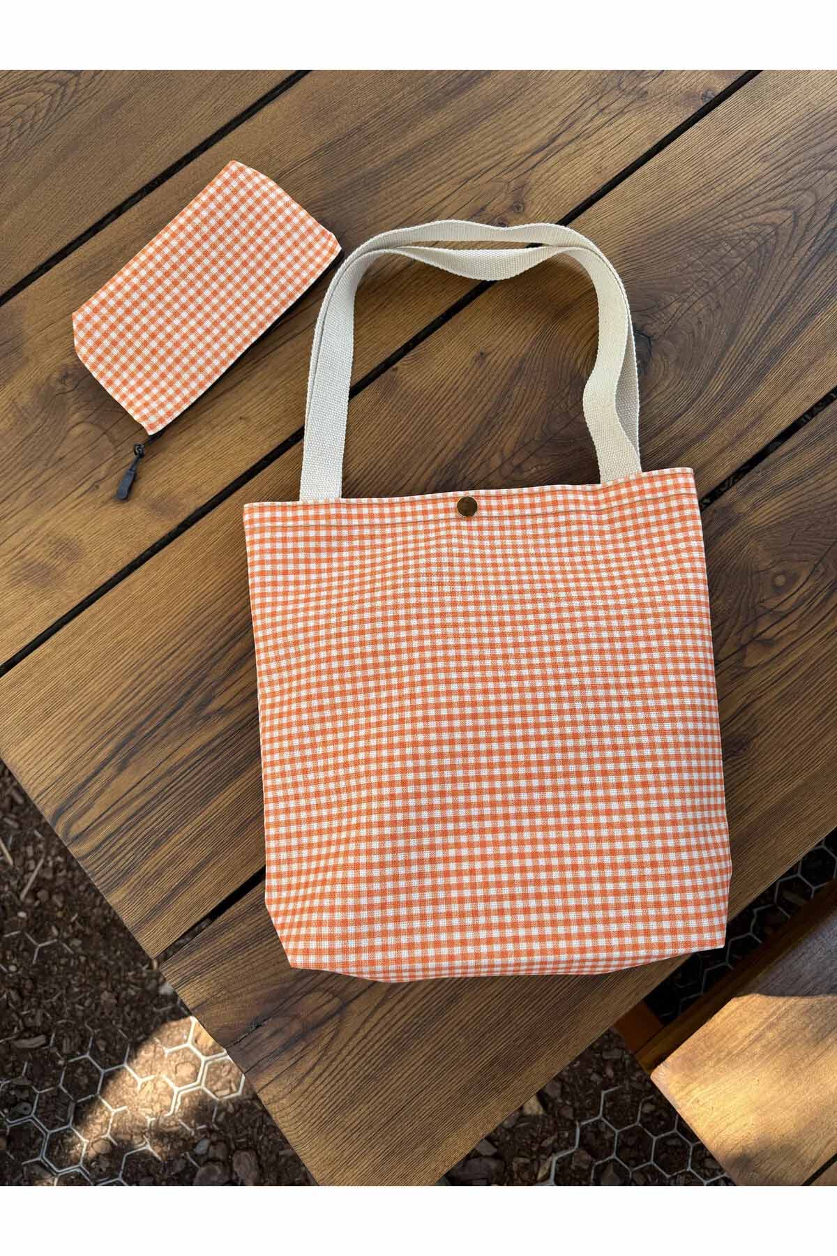 Turuncu Pötikare Kanvas Bez Çanta& Makyaj Çantası Yıkanabilir Metal Çıtçıtlı Cepli (2'li Set)