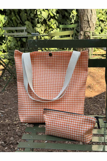 Turuncu Pötikare Kanvas Bez Çanta& Makyaj Çantası Yıkanabilir Metal Çıtçıtlı Cepli (2'li Set)