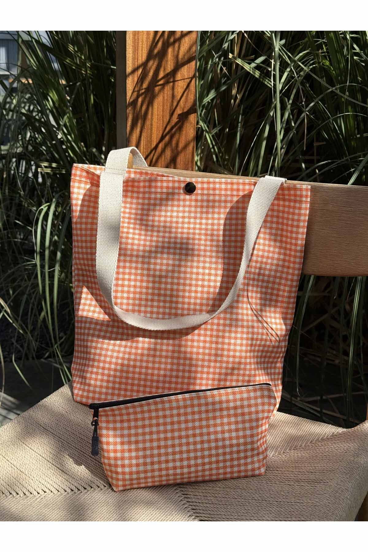 Turuncu Pötikare Kanvas Bez Çanta& Makyaj Çantası Yıkanabilir Metal Çıtçıtlı Cepli (2'li Set)