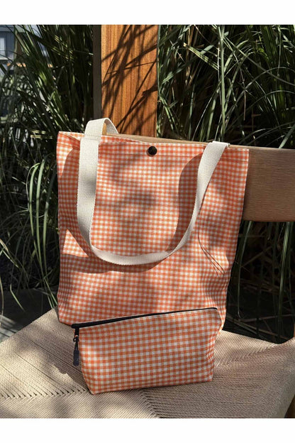 Turuncu Pötikare Kanvas Bez Çanta& Makyaj Çantası Yıkanabilir Metal Çıtçıtlı Cepli (2'li Set)