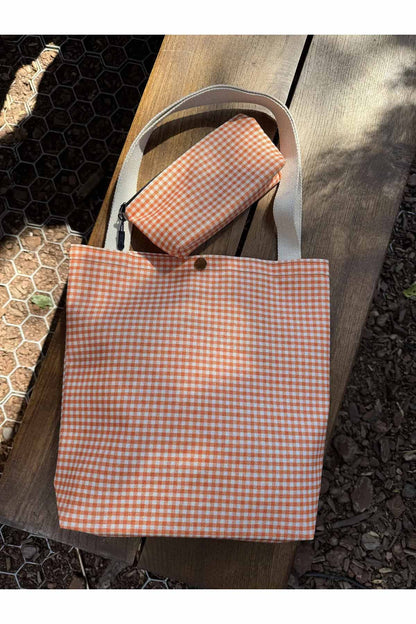 Turuncu Pötikare Kanvas Bez Çanta& Makyaj Çantası Yıkanabilir Metal Çıtçıtlı Cepli (2'li Set)