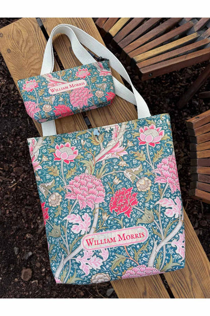 William Morris Kanvas Bez Çanta& Makyaj Çantası Yıkanabilir Metal Çıtçıtlı Cepli (2'li Set)