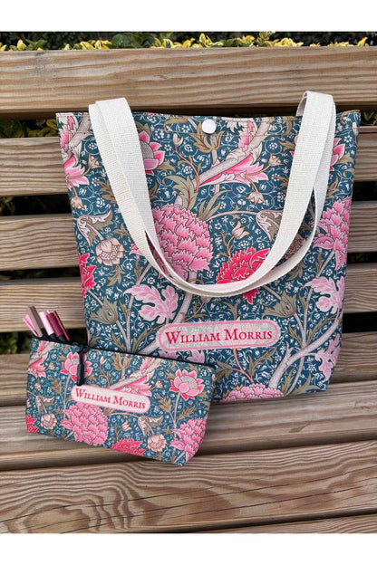 William Morris Kanvas Bez Çanta& Makyaj Çantası Yıkanabilir Metal Çıtçıtlı Cepli (2'li Set)