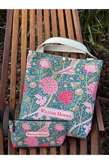 William Morris Kanvas Bez Çanta& Makyaj Çantası Yıkanabilir Metal Çıtçıtlı Cepli (2'li Set)