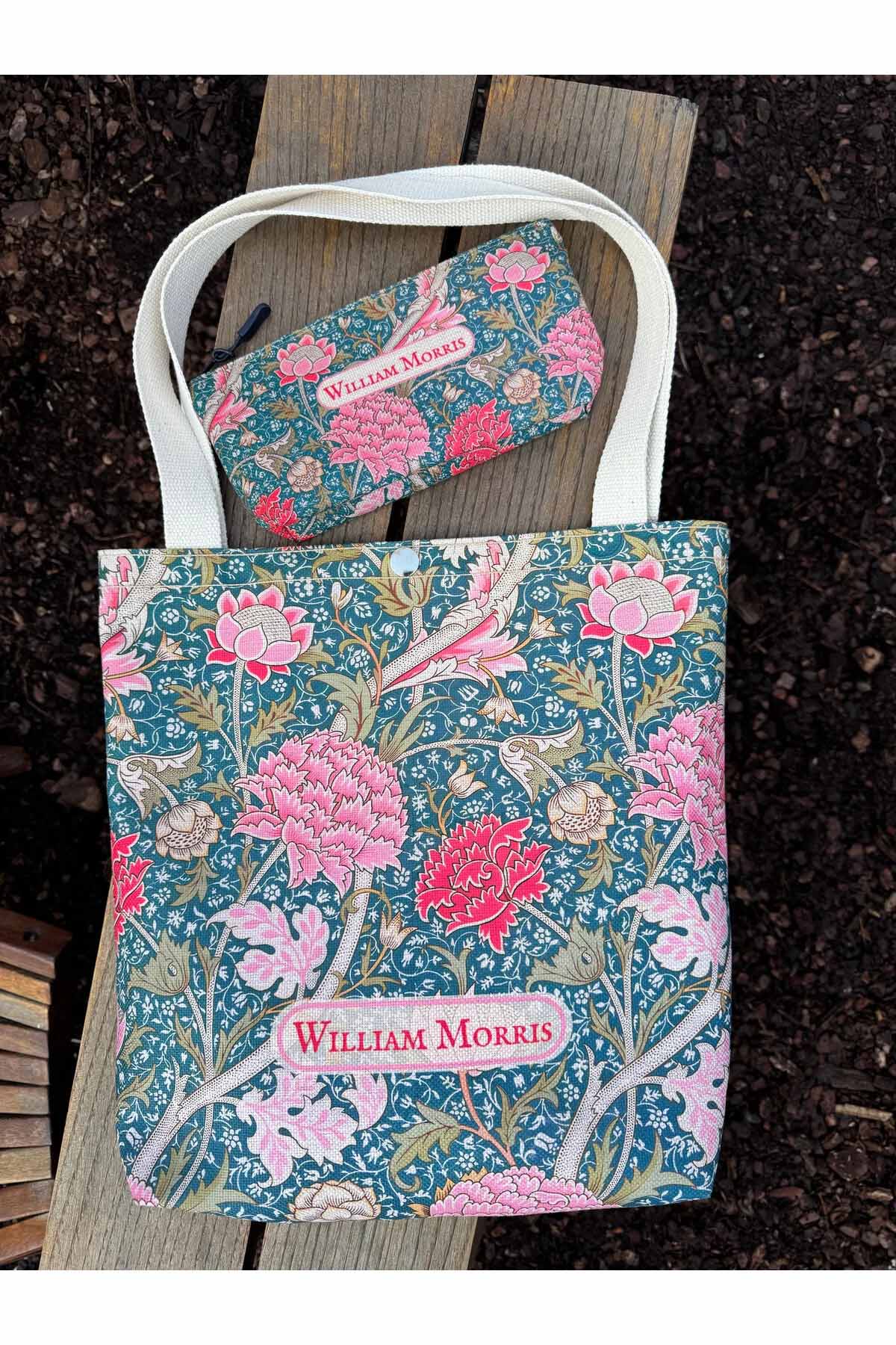 William Morris Kanvas Bez Çanta& Makyaj Çantası Yıkanabilir Metal Çıtçıtlı Cepli (2'li Set)