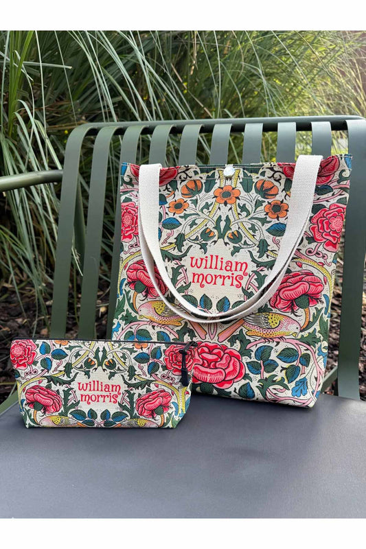 William Morris Kanvas Bez Çanta& Makyaj Çantası Yıkanabilir Metal Çıtçıtlı Cepli (2'li Set)