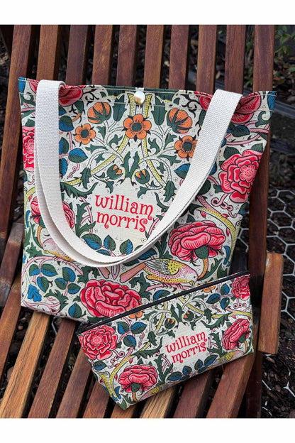 William Morris Kanvas Bez Çanta& Makyaj Çantası Yıkanabilir Metal Çıtçıtlı Cepli (2'li Set)