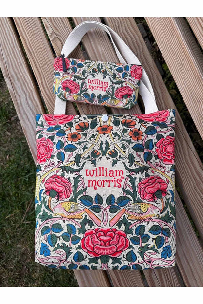 William Morris Kanvas Bez Çanta& Makyaj Çantası Yıkanabilir Metal Çıtçıtlı Cepli (2'li Set)