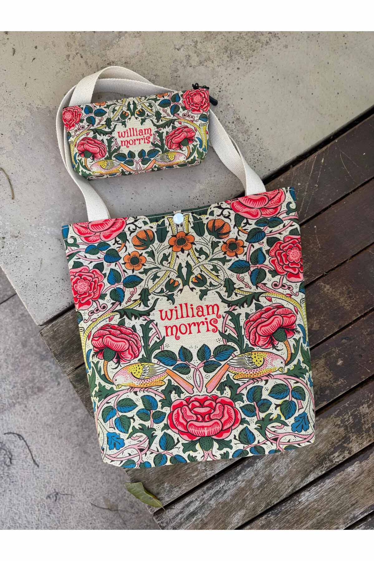 William Morris Kanvas Bez Çanta& Makyaj Çantası Yıkanabilir Metal Çıtçıtlı Cepli (2'li Set)