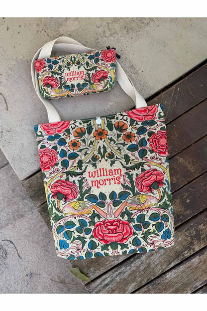 William Morris Kanvas Bez Çanta& Makyaj Çantası Yıkanabilir Metal Çıtçıtlı Cepli (2'li Set)