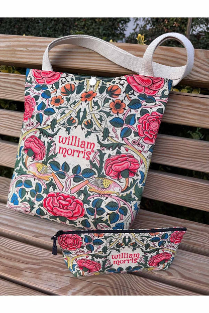 William Morris Kanvas Bez Çanta& Makyaj Çantası Yıkanabilir Metal Çıtçıtlı Cepli (2'li Set)