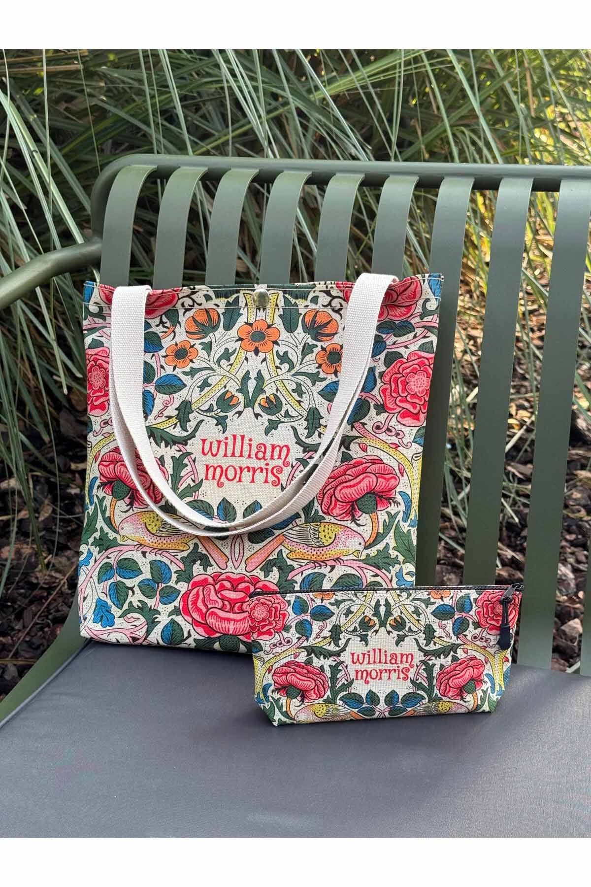 William Morris Kanvas Bez Çanta& Makyaj Çantası Yıkanabilir Metal Çıtçıtlı Cepli (2'li Set)