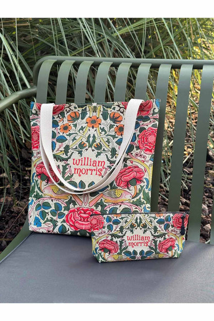 William Morris Kanvas Bez Çanta& Makyaj Çantası Yıkanabilir Metal Çıtçıtlı Cepli (2'li Set)