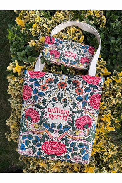 William Morris Kanvas Bez Çanta& Makyaj Çantası Yıkanabilir Metal Çıtçıtlı Cepli (2'li Set)