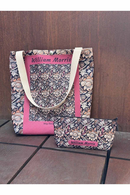 William Morris Kanvas Bez Çanta& Makyaj Çantası Yıkanabilir Metal Çıtçıtlı Cepli (2'li Set)