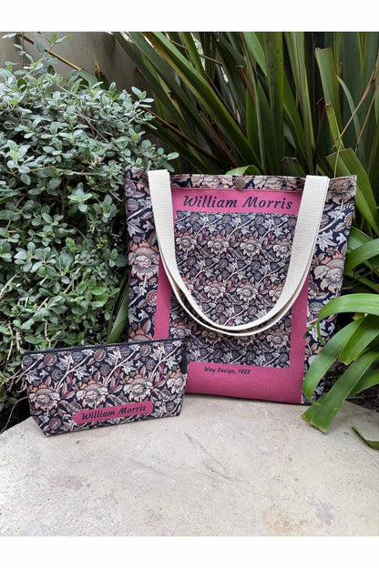 William Morris Kanvas Bez Çanta& Makyaj Çantası Yıkanabilir Metal Çıtçıtlı Cepli (2'li Set)