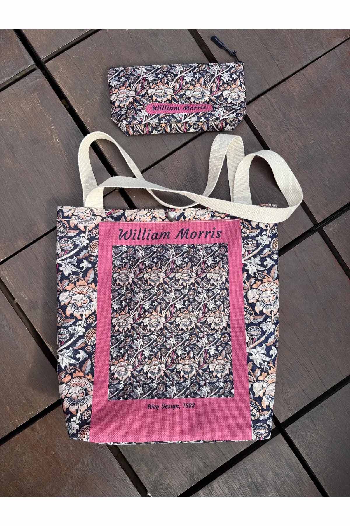 William Morris Kanvas Bez Çanta& Makyaj Çantası Yıkanabilir Metal Çıtçıtlı Cepli (2'li Set)