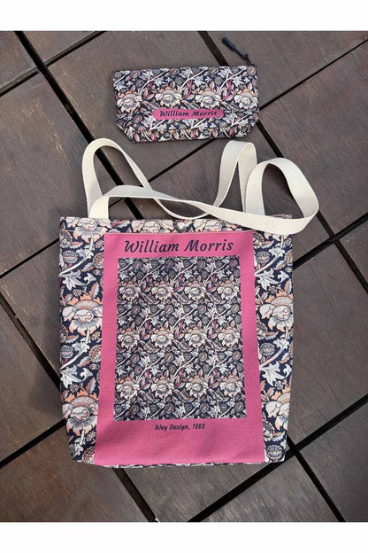 William Morris Kanvas Bez Çanta& Makyaj Çantası Yıkanabilir Metal Çıtçıtlı Cepli (2'li Set)