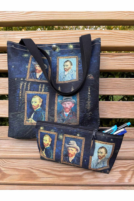 Vincent Van Gogh Kanvas Bez Çanta& Makyaj Çantası Yıkanabilir Metal Çıtçıtlı Cepli (2'li Set)