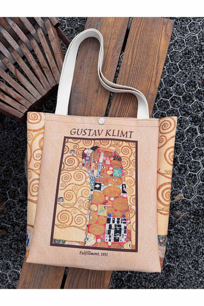 Gustav Klimt Kanvas Bez Çanta Yıkanabilir Metal Çıtçıtlı Cepli