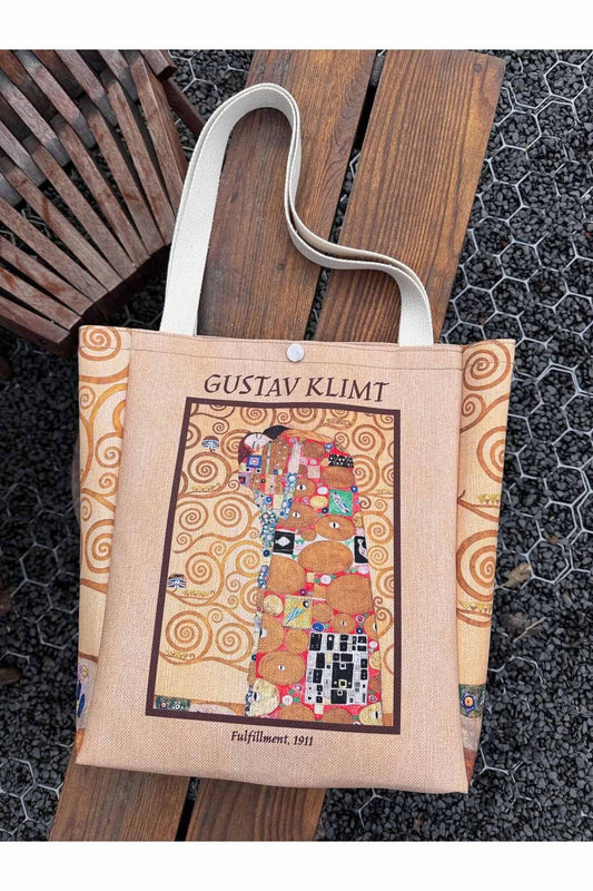 Gustav Klimt Kanvas Bez Çanta Yıkanabilir Metal Çıtçıtlı Cepli