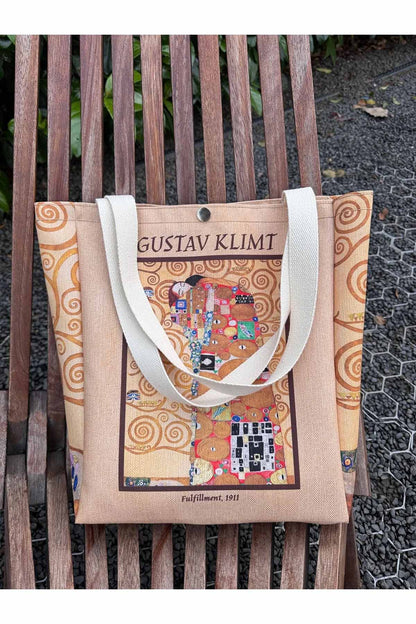 Gustav Klimt Kanvas Bez Çanta Yıkanabilir Metal Çıtçıtlı Cepli