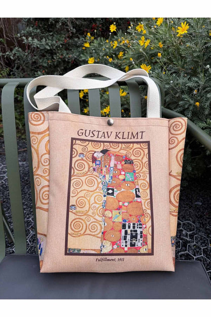 Gustav Klimt Kanvas Bez Çanta Yıkanabilir Metal Çıtçıtlı Cepli