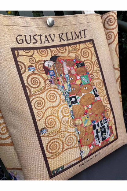 Gustav Klimt Kanvas Bez Çanta Yıkanabilir Metal Çıtçıtlı Cepli