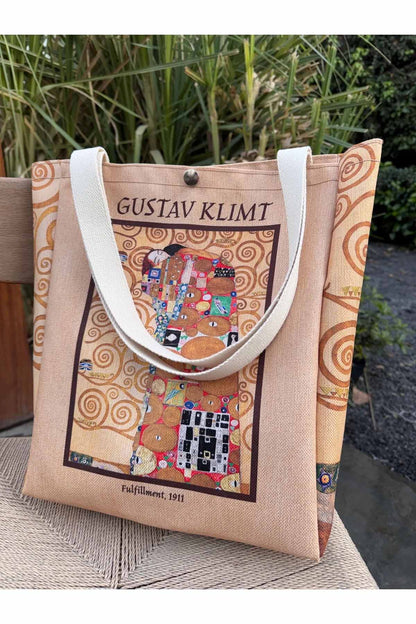 Gustav Klimt Kanvas Bez Çanta Yıkanabilir Metal Çıtçıtlı Cepli