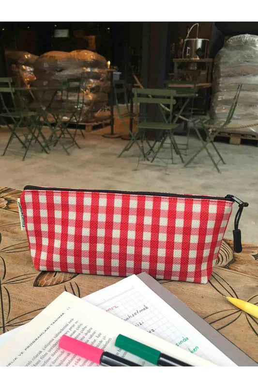 Kırmızı Pötikare Kanvas Bez Kalemlik