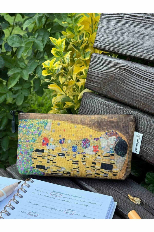 Gustav Klimt büyük boy kalemlik yıkanabilir 22x12 ölçülerinde körüklü makyaj çantası ve kalem kutu
