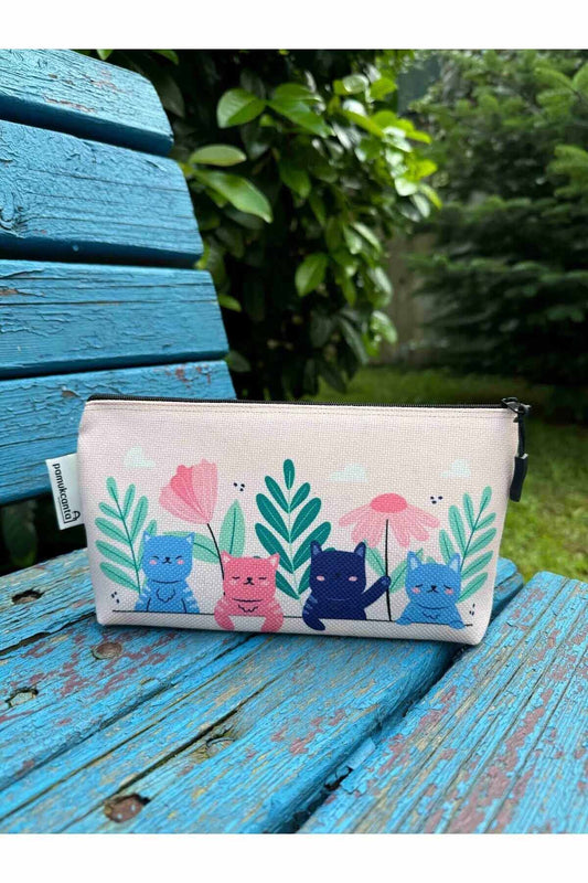 Kedili büyük boy kalemlik yıkanabilir 22x12 ölçülerinde körüklü makyaj çantası ve kalem kutu