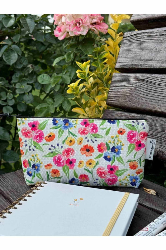 Çiçekli büyük boy kalemlik yıkanabilir 22x12 ölçülerinde körüklü makyaj çantası ve kalem kutu