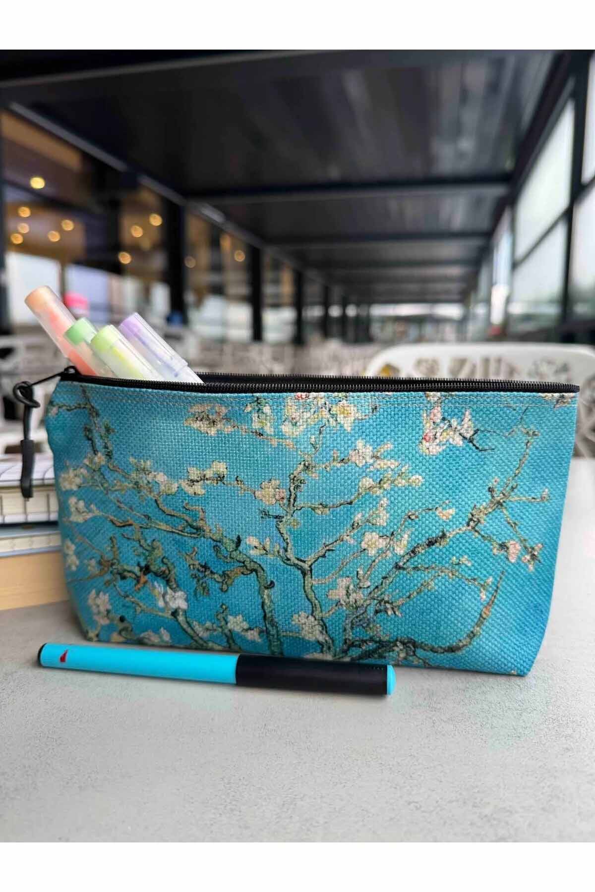 Vincent Van Gogh Badem Ağacı Bez Kalemlik, Makyaj Çantası 22x12 Ölçülerinde