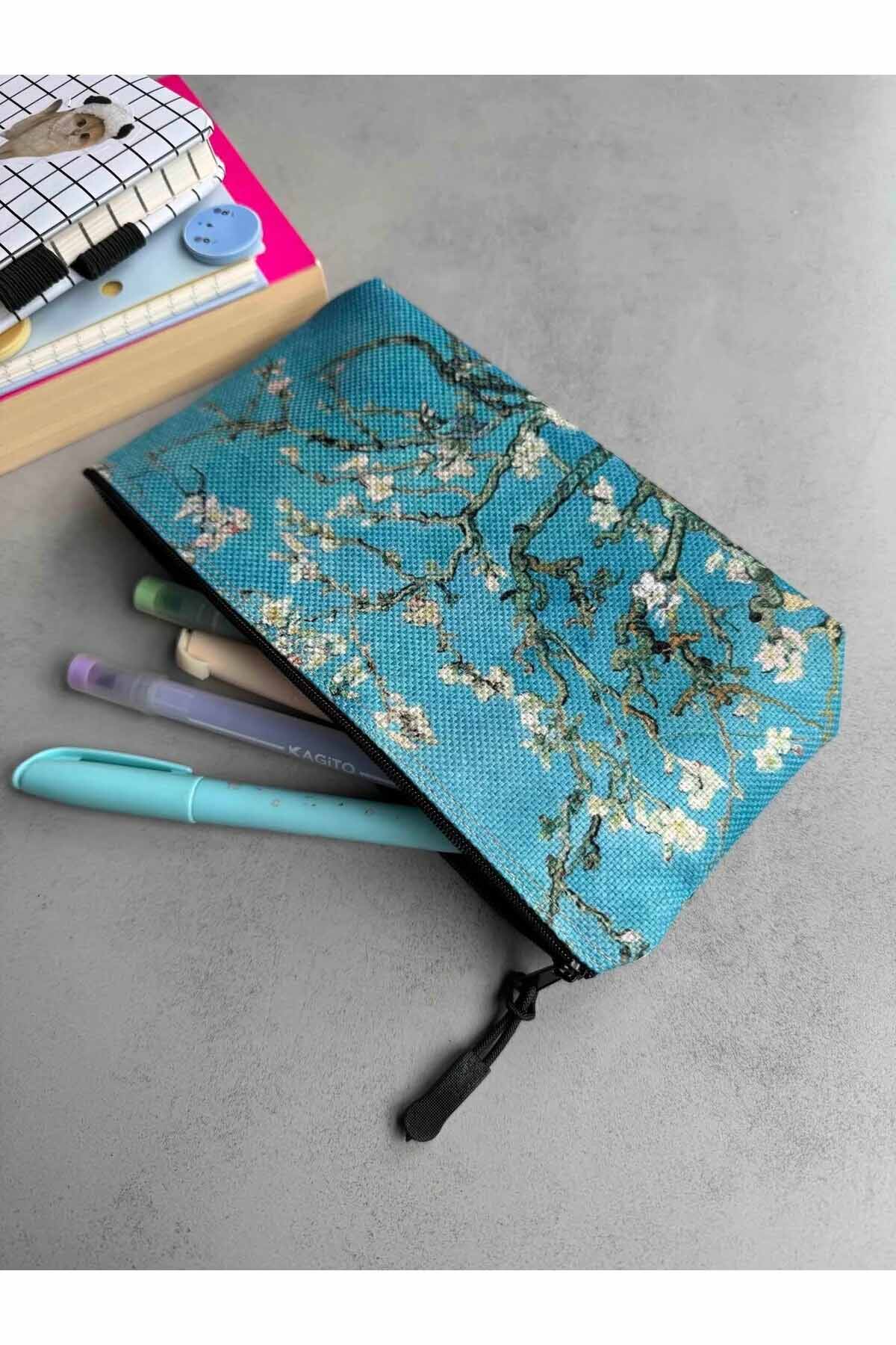 Vincent Van Gogh Badem Ağacı Bez Kalemlik, Makyaj Çantası 22x12 Ölçülerinde