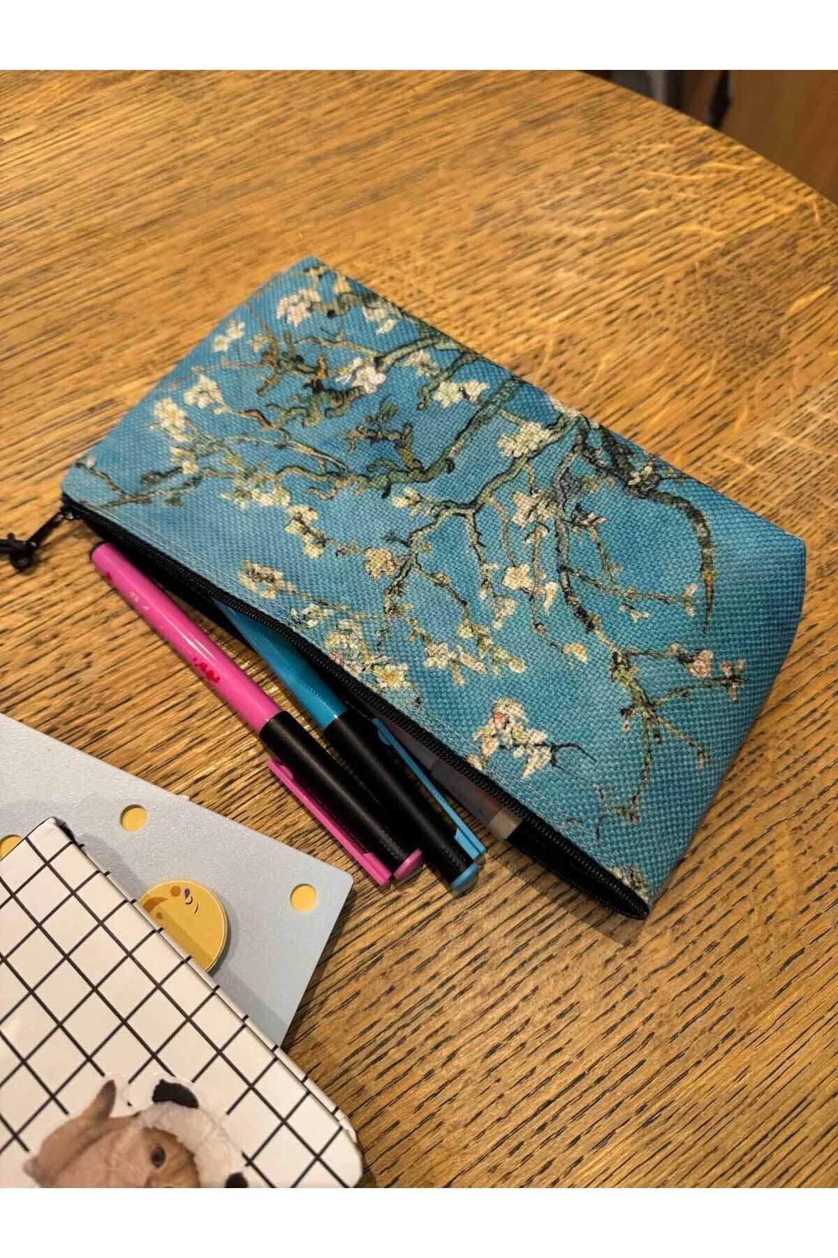 Vincent Van Gogh Badem Ağacı Bez Kalemlik, Makyaj Çantası 22x12 Ölçülerinde