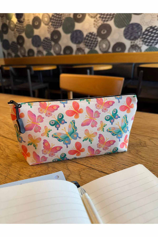 Kelebekli Kalemlik Yıkanabilir 22x12 Ölçülerinde Körüklü Makyaj Çantası