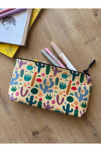 Kaktüs Desenli Kalemlik Yıkanabilir 22x12 Ölçülerinde Körüklü Makyaj Çantası
