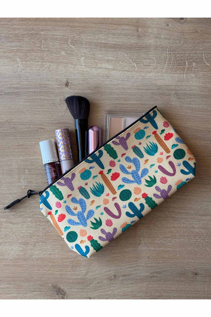 Kaktüs Desenli Kalemlik Yıkanabilir 22x12 Ölçülerinde Körüklü Makyaj Çantası