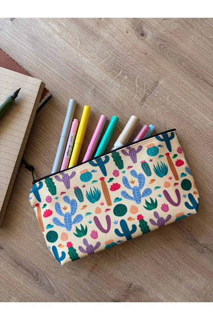 Kaktüs Desenli Kalemlik Yıkanabilir 22x12 Ölçülerinde Körüklü Makyaj Çantası