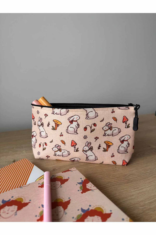 Tavşan Desenli Kalemlik Yıkanabilir 22x12 Ölçülerinde Körüklü Makyaj Çantası