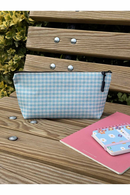 Mavi Pötikare Kalemlik Yıkanabilir 22x12 Ölçülerinde Körüklü Makyaj Çantası