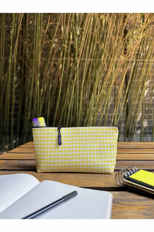 Sarı Pötikare Kalemlik Yıkanabilir 22x12 Ölçülerinde Körüklü Makyaj Çantası